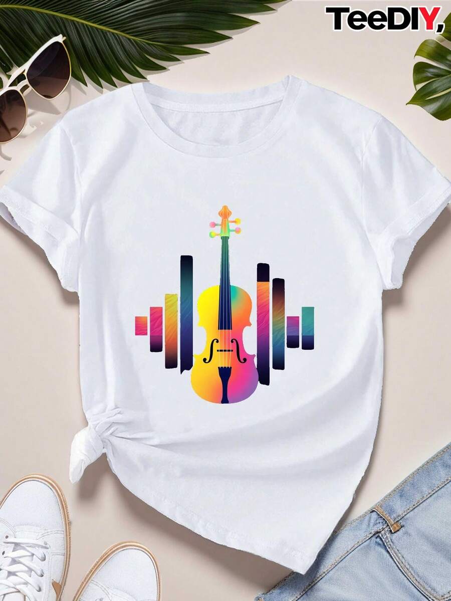VivaGlam-Women'S Plus Size Music-Themed T-Shirt - Colorful Violin & Soundwave Graphic Print, with Multicolor Music Notes, Casual Round Neck Short Sleeve Top for Music Lovers - Blanco - Ver 1