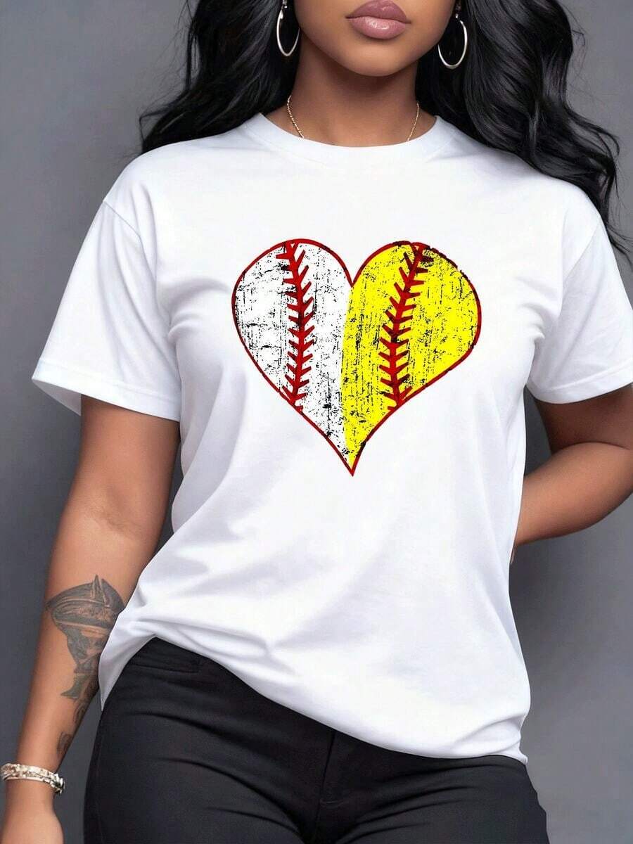 This Two-Tone Distressed Heart Merges The Passion Of Baseball With The Energy Of Softball, Uniting Their Distinctive Textures. It Reflects An Unconditional Love For Both Sports, Perfect For Any Fan Or Athlete. Women's 100% Cotton Comfortable Sporty Summer T-Shirt, Maija Women's Curvy. - 白色 - 查看 1