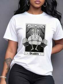 Camiseta de Mujer con Estampado Gráfico de Esqueleto Levantando Pesas, Diseño Divertido para Entrenamientos y Ocasiones Casuales, Tela Suave y Cómoda, Ideal para Regalo, Disponible en Varias Tallas.,maija mujer curvy. - Blanco - Ver 7