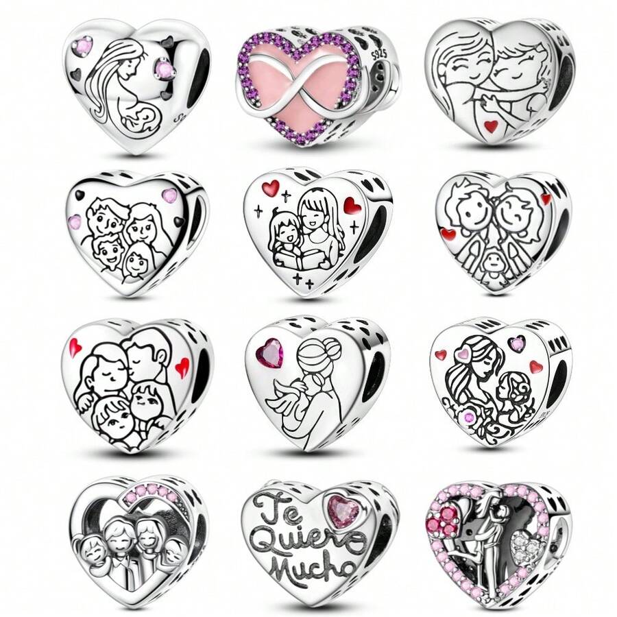 1pc S925 Sterling Silver Heart-Shaped Family Bond Pendant, Featuring Original Family-Themed Design. This Colorful Cubic Zirconia Embedded Pendant Chain Can Be Used For Bracelets And Necklaces. It Serves As A Warm DIY Jewelry Component To Create Sentimental Pieces, Symbolizing Affectionate Feelings, Suitable For Creative Projects And Daily Wear. - Multicolor - View 1