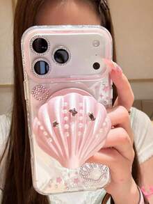 Elegant Korean Style Rhinestone Shell Magnetic Phone Stand Case, Suitable For IPhone 17 Pro Max/16 Pro Max/15 Pro/14/13 Series, Anti-Fall Protective Cover For Women - Pink - View 2
