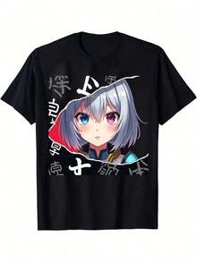 Camiseta de manga corta con cuello redondo y estampado unilateral de chica anime con heterocromía para todas las estaciones Y2k Camiseta Verano Camisa De - Negro - Ver 1