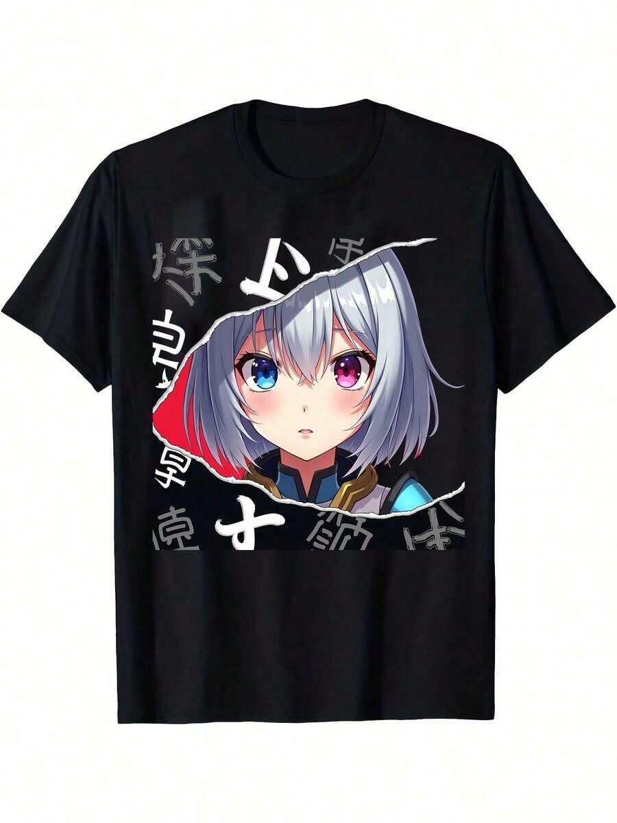 Camiseta de manga corta con cuello redondo y estampado unilateral de chica anime con heterocromía para todas las estaciones Y2k Camiseta Verano Camisa De - Negro - Ver 1