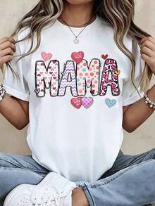 1 Piece Women's Mama T-Shirt With Cute Heart Print, Graphic Tee, Mother's Day Gift, Fashionable Casual Top For Mom, White, The Prints Are Fully Printed. Unisex. - 白色 - 查看 1