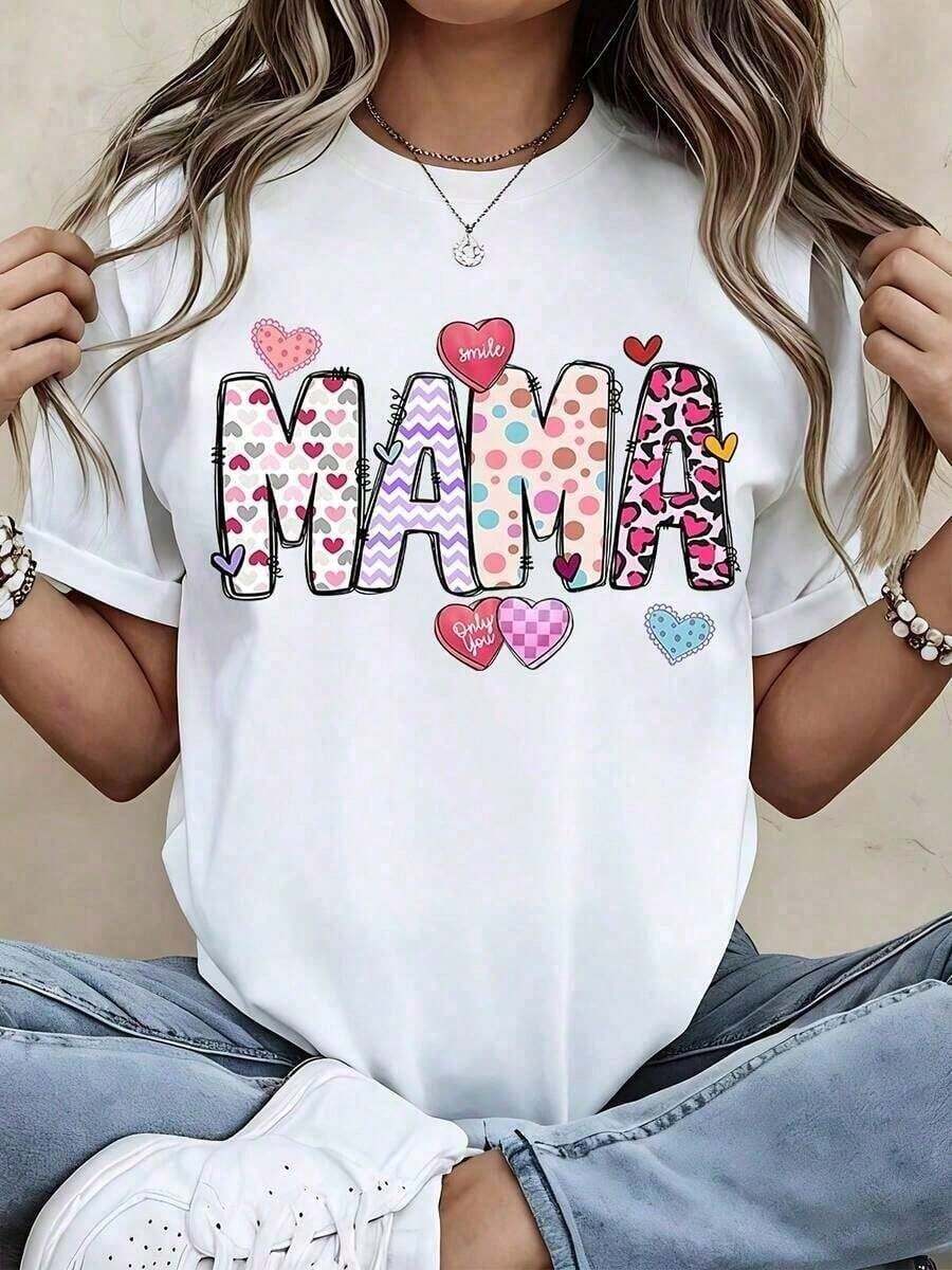 1 Piece Women's Mama T-Shirt With Cute Heart Print, Graphic Tee, Mother's Day Gift, Fashionable Casual Top For Mom, White, The Prints Are Fully Printed. Unisex. - 白色 - 查看 1