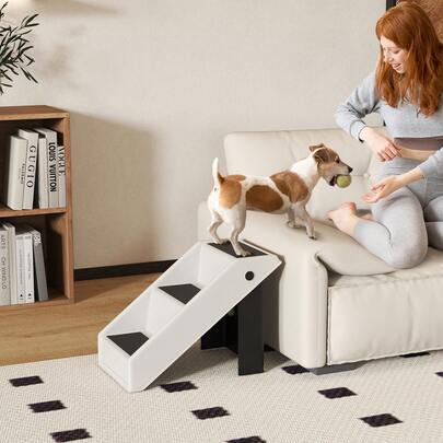 PawHut Dog Stairs For Small Dogs, 14.5" H Foldable Pet Ramp With 3 Non-Slip Steps For High Beds Or Sofas, Portable Pet Stairs For Cats, Supports Up To 22 Lbs, Cream White
