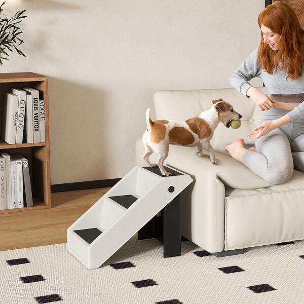 PawHut Dog Stairs For Small Dogs, 14.5" H Foldable Pet Ramp With 3 Non-Slip Steps For High Beds Or Sofas, Portable Pet Stairs For Cats, Supports Up To 22 Lbs, Cream White