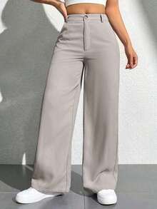Pantalones anchos casuales y sueltos con bolsillos para mujer - Gris Claro - Ver 4
