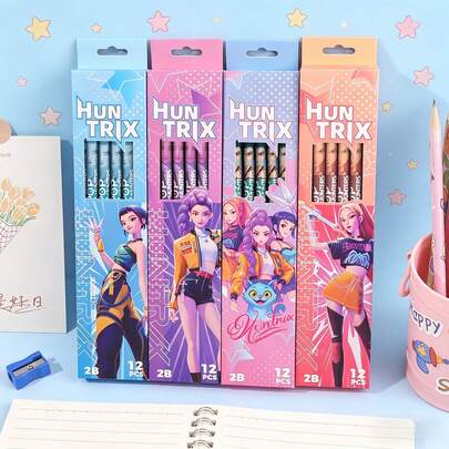 12pcs/Box 2B Pencils, Idol Group Stationery, Student Daily Use And Collectible Gift, Random Styles