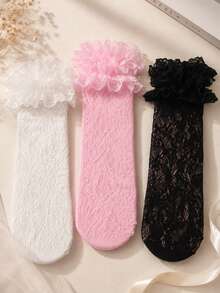 1 Pair Women's Sweet Ruffle Lace Sheer Ankle Socks, Cute Lolita Style, Thin Socks For Spring And Summer, Suitable For Daily And Party Wear - Multicolor - View 4
