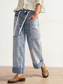 BohoFeels Pantalones vaqueros de tiro bajo, estilo boho, de invierno/primavera, para mujer, con estampado de rayas, parches de mezclilla lavada y pierna recta holgada, en estilo occidental y campestre, adecuados para conciertos, fiestas, vacaciones en la playa, uso diario, vuelta al colegio, salidas y fiestas, Año Nuevo - Multicolor - Ver 4