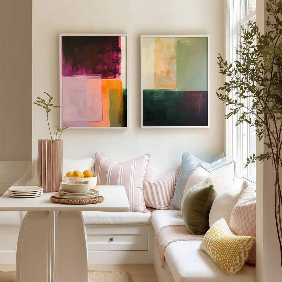 Set Of 2 Modern Geometric Color Block Art Prints, Burgundy, Sage, Orange Decor, Colorful Abstract Wall Art Modern Statement Wall Decor, Colorful Abstract Poster Prints, No Frame - Abstract - View 1