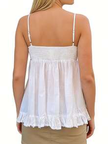 Women's Summer Camisole Button Front V-Neck Lace Ribbon Ruffled Peplum Hem Tank Tops - White - View 6