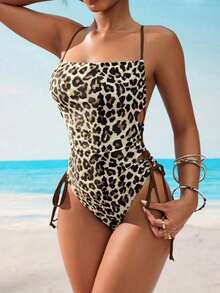 Traje de baño de una pieza con estampado de leopardo y cordones en el cuello para mujer, casual para playa y fiestas de primavera/verano, marrón/rojo - Café integral - Ver 1
