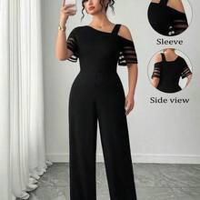 Elenzya Plus Size Women Casual Solid Color Minimalist Asymmetric Jumpsuit - Negro - Ver 4
