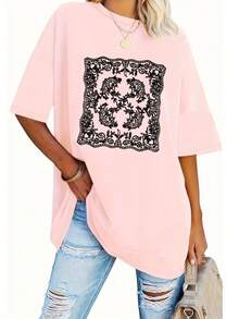 Talla Grande, Camiseta con Estampado de Letras, Manga Corta, Cuello Redondo, Top Casual, Ropa de Mujer - Rosa - Ver 1