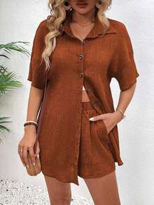 Conjunto de 2 piezas con blusa de manga corta de cuello de botones y shorts con lazo delantero, sencillo, para mujer - Marrón - Ver 6