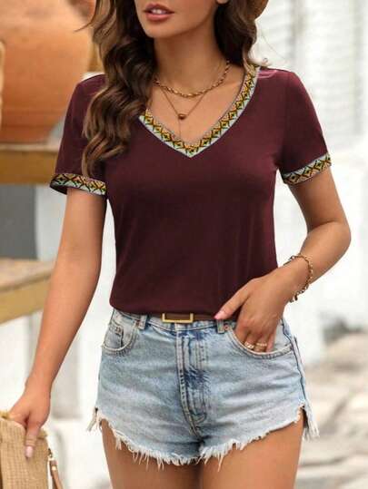 Women's Patchwork Geometric Webbing V-Neck Short Sleeve Blouse
