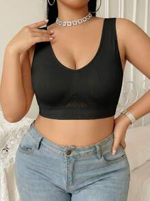 Plus Size Seamless Cutout Bra For Women, High Elastic Wireless Bralette, Comfortable Non-Wired Yoga Top, Breathable Underwear - Black - View 4