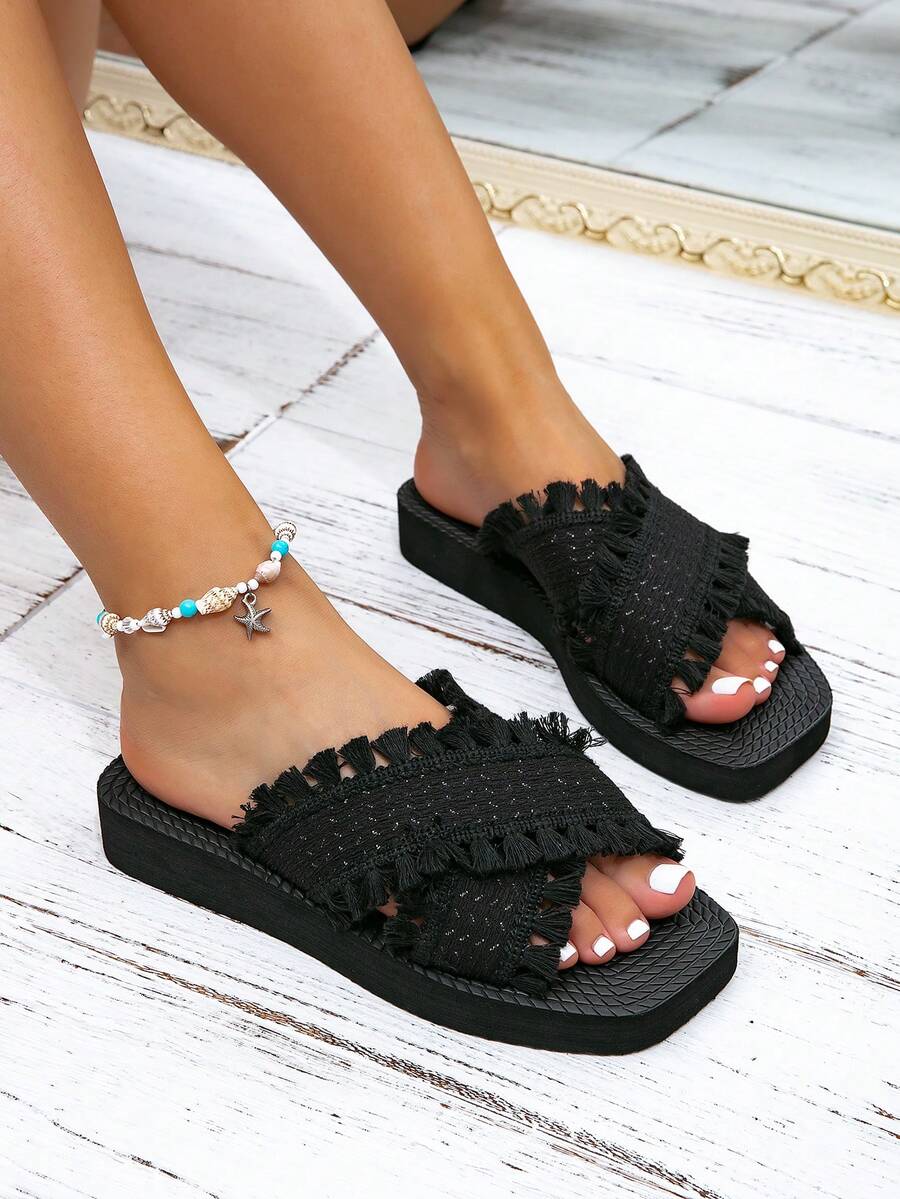 Women's Open Toe Slippers, Sliders, Summer, Home Slipper, Flat, Spring, Autumn, Beach - Black - View 1