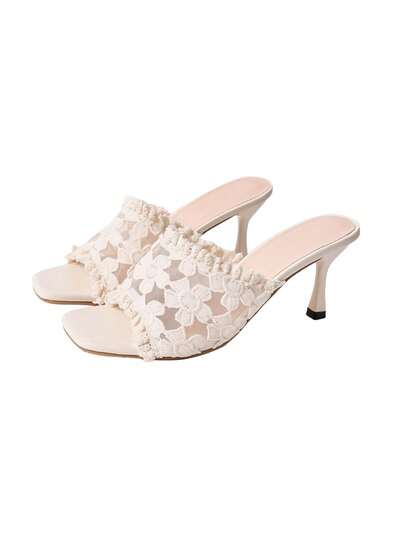 European And American Style Milky White Lace Embroidery Square Toe Stiletto Heel Mules, Mesh Breathable Open Toe High Heel Shoes, Elegant High Heels Suitable For Workplace, Dating, Party, Evening Wear