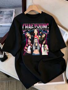 2026 T-Shirt, Vintage Graphic TWICE CHAEYOUNG T-Shirt, Oversized Casual T-Shirt For ONCE Fans, Retro Streetwear Top 1999, Retro K-Pop Idol Bootleg Style Oversized T-Shirt, Vintage Graphic Print T-Shirt, Short Sleeve Casual Top, K-Pop Fan Merchandise, Black Streetwear T-Shirt For Fans, Vintage Graphic K-Pop Star T-Shirt, Short Sleeve Oversized T-Shirt With Retro Letter Print, Black Casual Crew Neck Top, Gift For Streetwear Style Idol Fans, Comfortable Loose Fit Cotton Blend T-Shirt For Women And Men. - Black - View 1