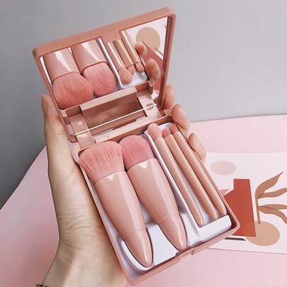 Bộ cọ trang điểm màu hồng gồm 5 cọ và gương tích hợp, nhỏ gọn, tiện dụng cho học sinh, quà tặng ngày Valentine.