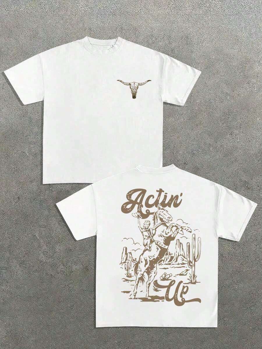 Black Short-Sleeved T-Shirt With "Actin' Up" Western Rodeo Print, Unique Design, 220g, 100% Cotton, Women's Short-Sleeved T-Shirt. - 白色 - 查看 1