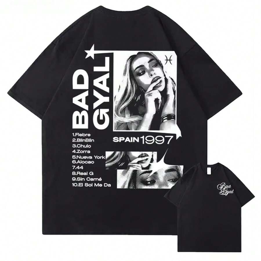 Printed Cotton T-Shirt With Graphic From The Bad Gyal Album Tour By The Singer, Summer 2026, For Men And Women, Streetwear Style, Breathable And Casual. - 黑色 - 查看 1