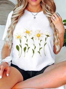 Camiseta de Mujer con Estampado de Pequeñas Margaritas, Moda de Verano para Mujer, Casual, Cómoda y Suave, para Deportes al Aire Libre y Fitness, Cuello Redondo, Manga Corta - Blanco - Ver 2