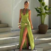 Women's Long Dress Autumn New Fashion Sexy Backless Decorated Pendant Monochromatic Neckline Hip Set Elegant, Comfortable And Casual Party Dress - 綠色 - 查看 2