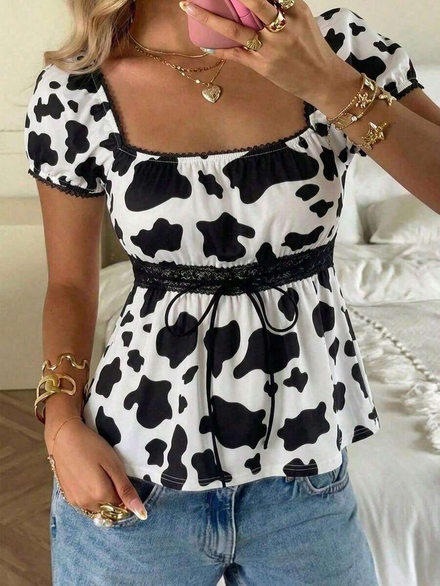 Camiseta casual de mujer con estampado de lunares y cintura con lazo en color amarillo - Multicolor 5 - Ver 1