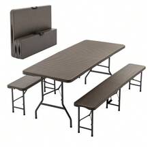 1.8m Folding Picnic Table With 2 Benches, 3 Piece Camping Set, HDPE Tabletop With Tree Print, Safety Lock, UV And Water Resistant, Black. - 棕色 - 查看 7