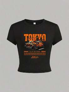 1 Piece Women's Short Sleeve Crew Neck Fitted Summer T-Shirt With Japanese Car Culture Graphic Print, Y2K Style Crop Top, Suitable For Beach, Street, Daily Wear, Work, Office Party, Outings And Parties - 黑色 - 查看 6