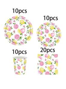 10 Stücke/20 Stücke/50 Stücke/80 Stücke Rosa Zitronen Partyzubehör, Papier Geschirr Set - Zitronen und rosa Grapefruit 7/9 Zoll Papierteller, Pappbecher, 6,5 Zoll Servietten, geeignet zum Bewirten von Gästen, Sommer Zitronen Thema Geschirr, anwendbar für Geburtstag, Brautparty, Junggesellinnenabschied, Babyparty, Themenparty, Feiertag, Veranstaltung - Verschiedenfarbig - Übersicht 12