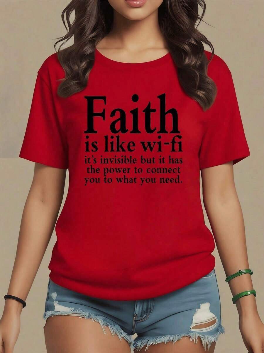 Frase motivadora que compara la fe con la conexión wifi invisible capaz de unir a las personas con lo que necesitan camiseta de mujer 100% algodón 220g,maija mujer curvy. - Rojo - Ver 1