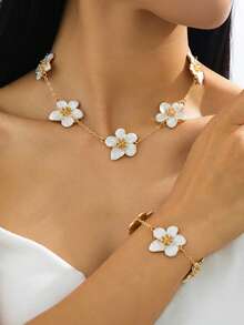 1 Set Luxury French Style Handmade Floral Pendant Necklace And Bracelet Jewelry Set, Suitable For Summer Beach Vacation - White - View 1