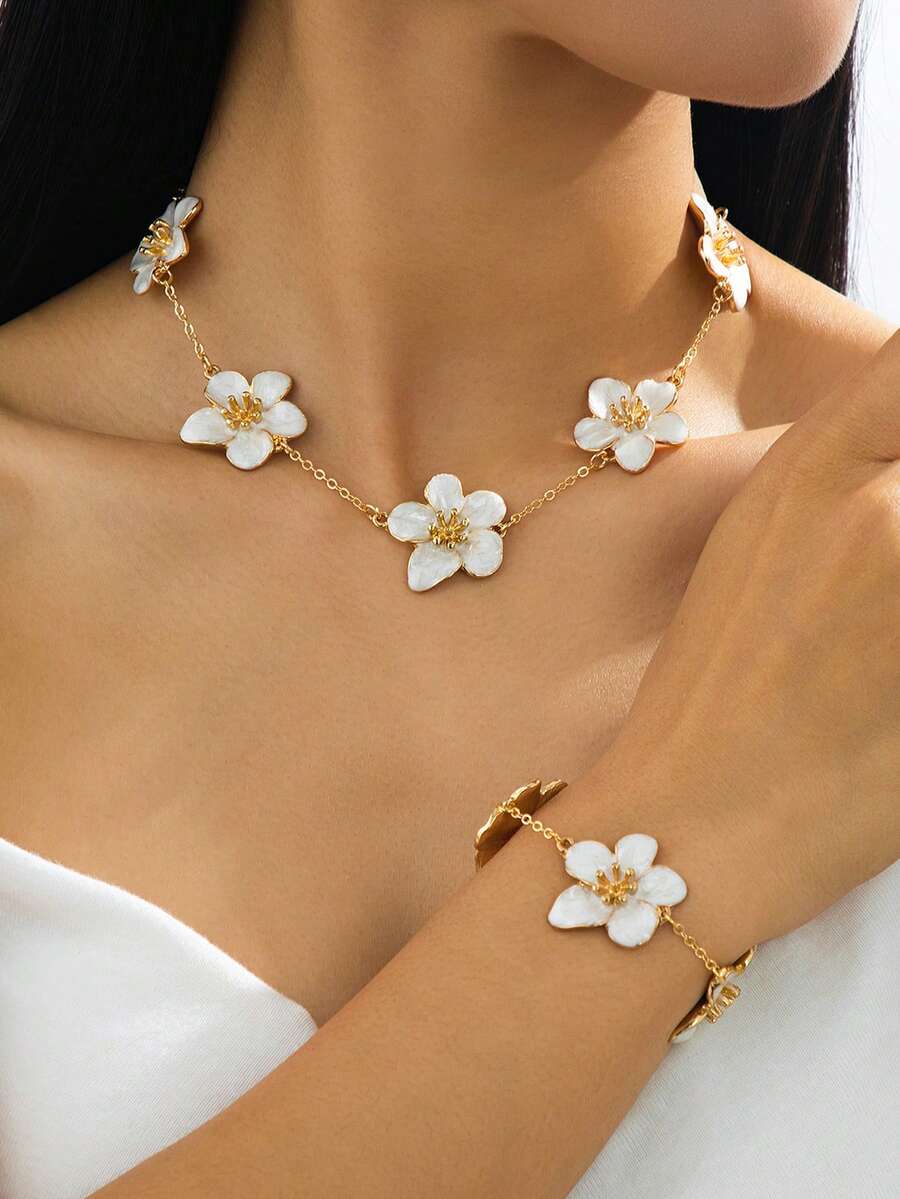 1 Set Luxury French Style Handmade Floral Pendant Necklace And Bracelet Jewelry Set, Suitable For Summer Beach Vacation - White - View 1