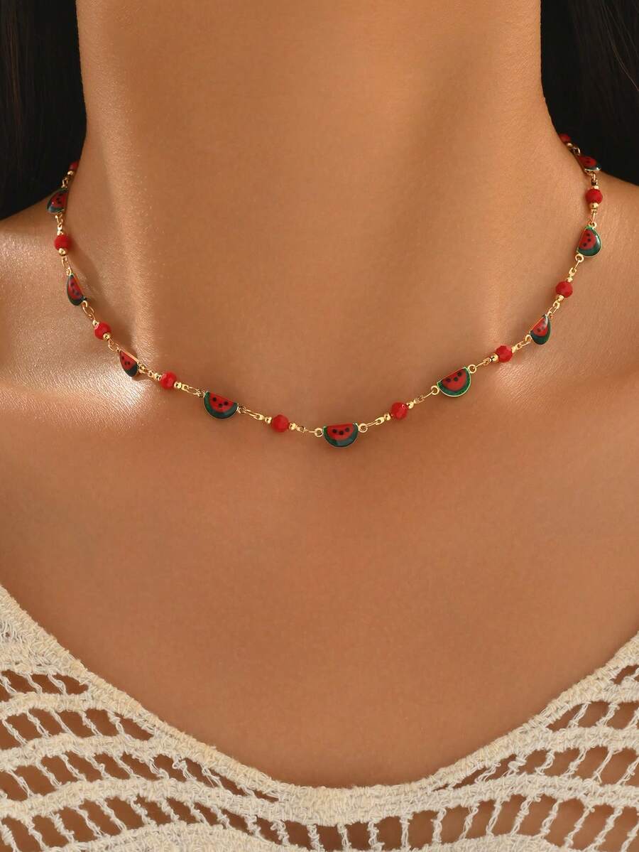 1 pieza Collar de sandía esmaltada de material de cobre dulce y creativo, collar de fruta de moda, adecuado para uso diario, decoración, playa, cita, fiesta. El orden de la cadena hecha a mano es aleatorio con una cantidad de cuentas no fija, una opción de regalo ideal. - Multicolor - Ver 1