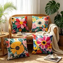 4 vỏ gối trang trí họa tiết hoa phối màu theo phong cách tranh sơn dầu cổ điển, lấy cảm hứng từ Dopamine, chất liệu polyester in một mặt, phù hợp cho tiệc tùng, phòng ngủ, phòng khách, trang trí ghế sofa, giường, có thể giặt máy. - Nhiều màu - Xem 5
