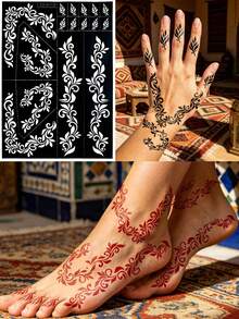 1pc Vintage Scroll Pattern Mehndi Tattoo Stencil, Scroll Vine Design, Suitable For Hands, Feet, DIY Body Art Design, Perfect For Spring/Summer, Romantic Wedding, Festival, Music Party, Women's Body DIY Hand-Drawn Hollow Template - Black - View 12