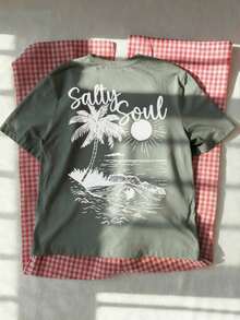 SALTY SOUL Camiseta de manga corta con cuello redondo para mujer, estampado de cocotero y sol, nueva colección primavera/verano, versátil y a la moda, esencial para uso diario y vacaciones.Camiseta Estampada de Vacaciones para Mujer - Verde hierba - Ver 5
