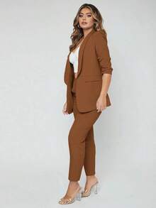 Traje de blazer con cuello de chal y pantalones para otoño/invierno - Café integral - Ver 4