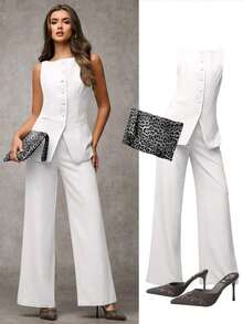 Traje de pantalón sin mangas negro para mujer con detalles de botones dorados con rosas, casual de negocios para otoño/invierno - Blanco - Ver 7