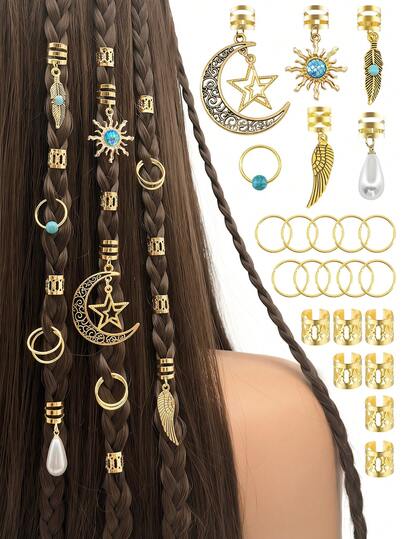 45pcs Gold Hair Accessories Suitable For Braids, Plaits, Hair Clips, Including Cross Hair Clips, Assorted Hair Beads, Spiral Hair Decorations, Metal Hair Clips And Hair Rings, For Women And Men