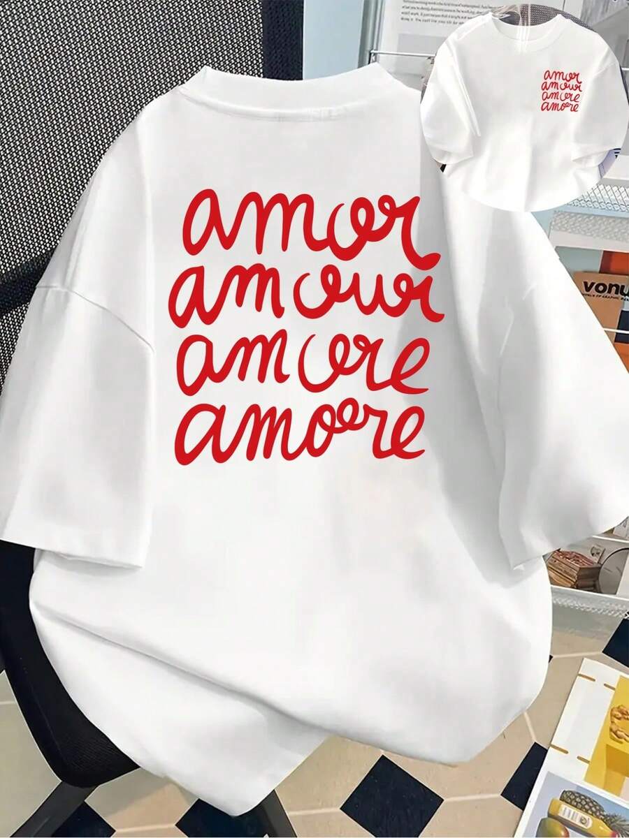 Camiseta con Estampado Love, Amor, Manga Corta, Cuello Redondo, Estilo Casual para Primavera y Verano, Ropa de Mujer, Estilo Y2k - Blanco - Ver 1