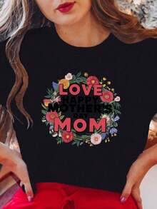 Camiseta de manga corta personalizada de una pieza para mujer - Estampado floral geom￩trico negro con el texto "LOVE HAPPY MOTHER'S DAY MOM", ajuste c￳modo y casual, lavable a m£quina, regalo del D￭a de la Madre, tela no el£stica - Estilo callejero vintage unisex de algod￳n de manga corta y cuello redondo holgado - Negro - Ver 2