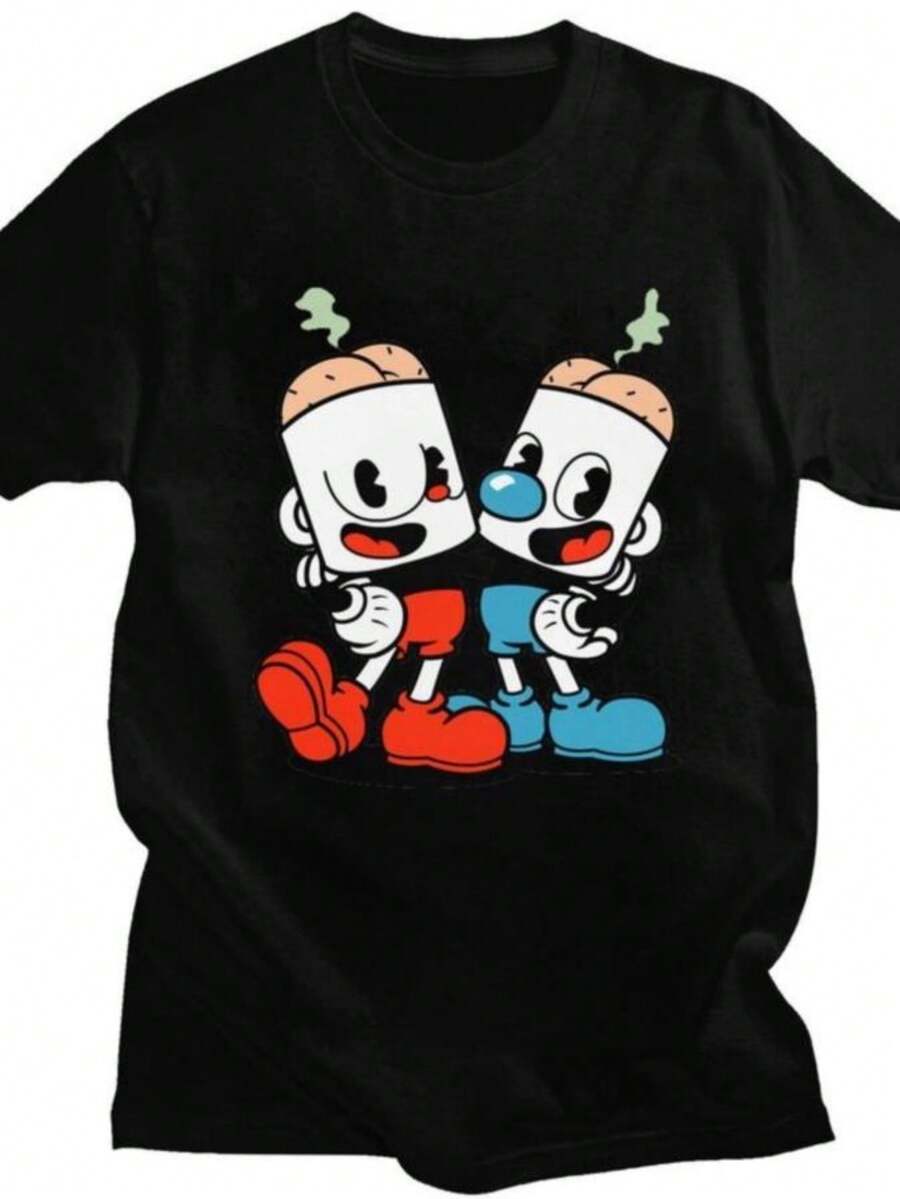 2026 Custom Hot Game Cartoon Cupheads Mugman T Shirts For Men Women Pure Cotton Tees Tshirt Short Sleeve T-Shirt Clothes - 黑色 - 查看 1