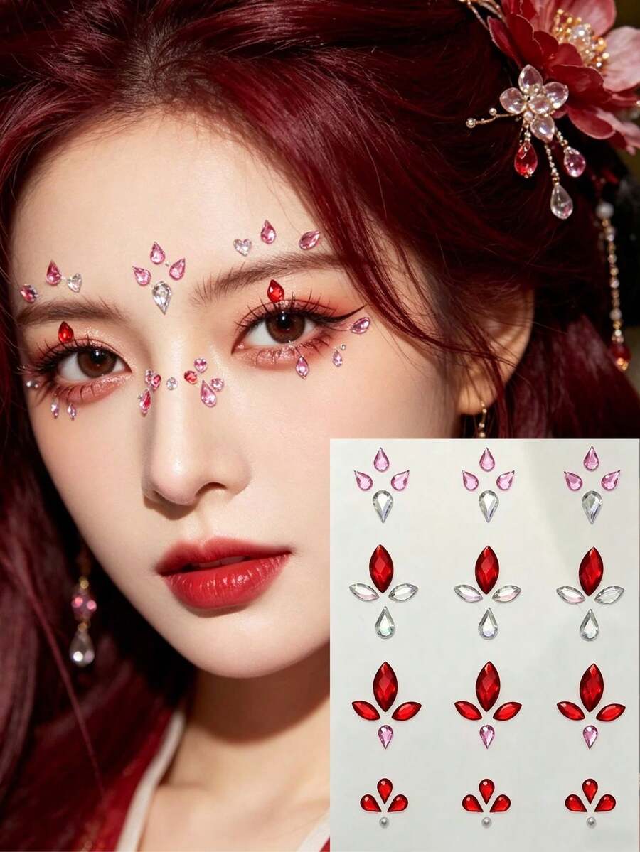 1pc Blue-Green Hanfu Style Rhinestone Forehead Sticker, Self-Adhesive, High Sparkle Cut, Suitable For Ancient Costume Photoshoot, Stage Performance And Oriental Makeup - Blue - View 1