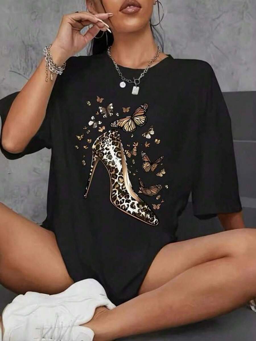 Camiseta casual de cuello redondo para mujer con estampado de leopardo, tacones altos y maosas, de manga corta, corte hoado, color negro, perfectarrimavera/verano/otoño, camisetas para damas